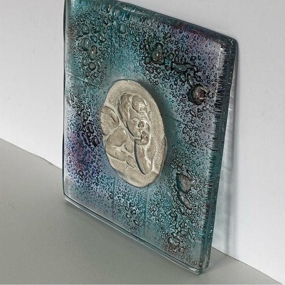 Fused Art Glass Wall Hanging Cherub Cupid Angel Plaque Blue Green 5.25” Square - Picture 3 of 16